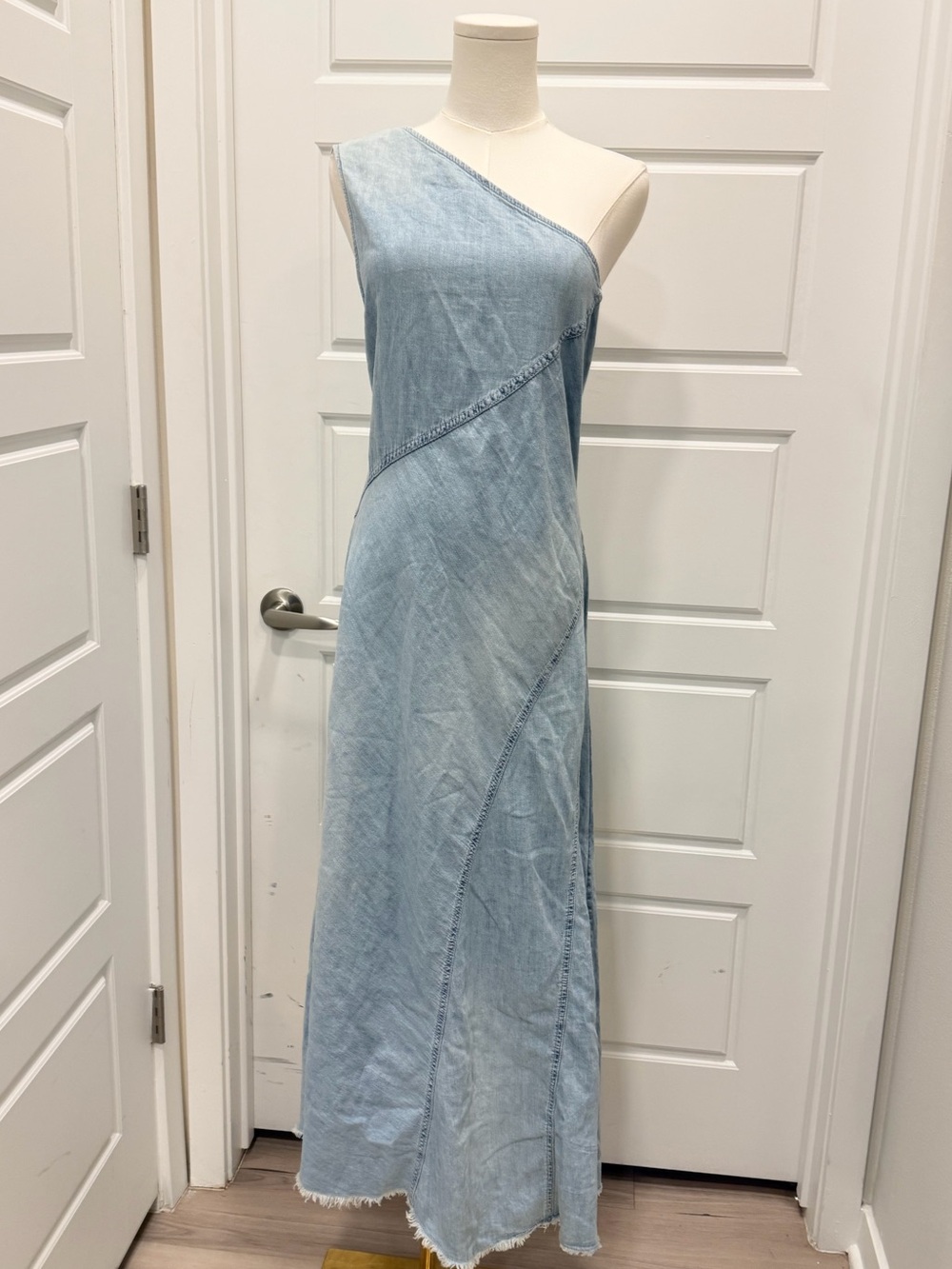 Zara One-Shoulder Light Blue Denim Midi Dress NWT - Picture 3 of 10